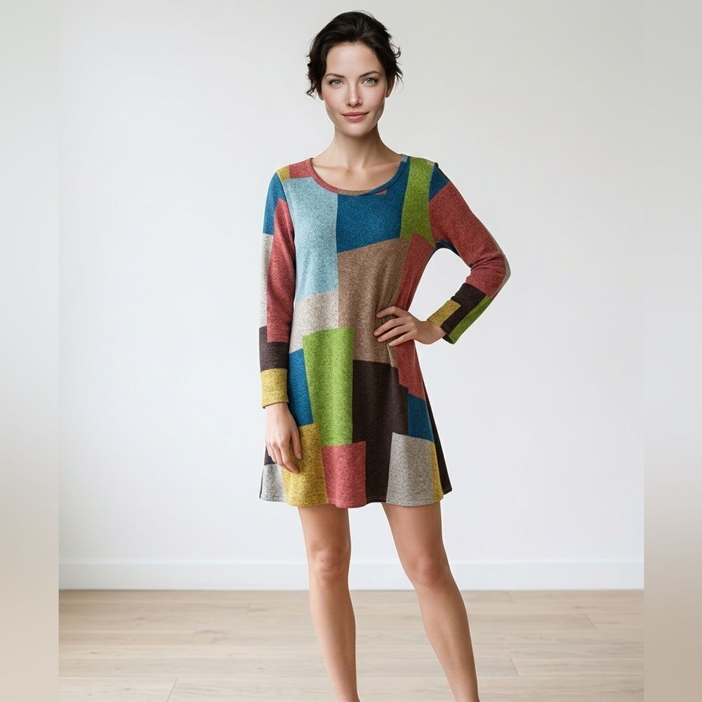 EUC Women’s Multi Color Geometric Pattern Long Sleeve Dress  Knee Length Size XL